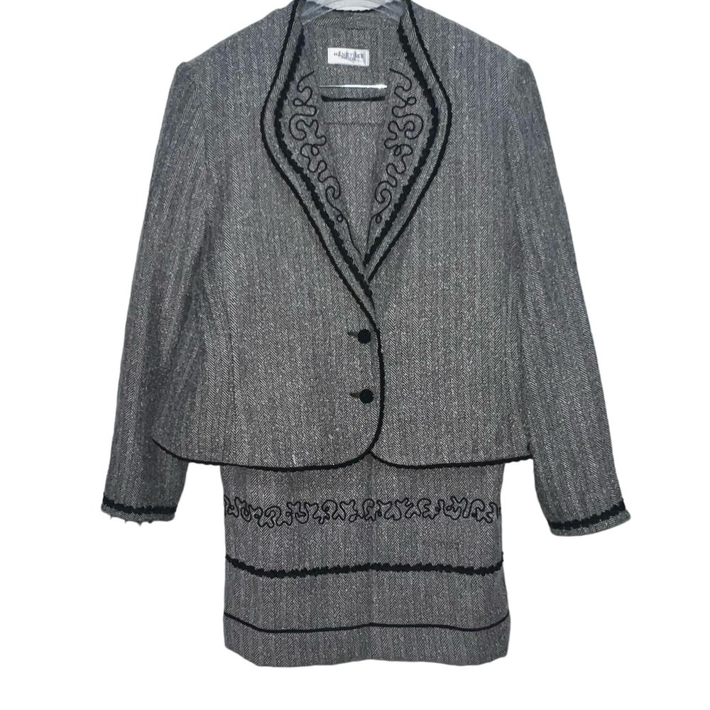 Vintage Henry Lee Black &  White Herringbone Skirt Suit Soutache Trim SZ 8